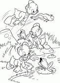 coloring picture of Huey Dewey Louie are playing with frogs