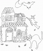 coloring picture of Manor house with cat witch bat