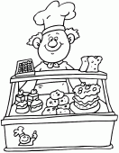 coloring picture of pastry chef with his cakes