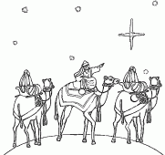 coloring picture of the Magi sitting on dromedaries in the desert