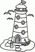 coloring picture of An anchor a lighthouse sand and birds