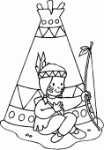 coloring picture of Indian child sitted in front of his tepee