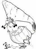 coloring picture of Obelix carry a menhir
