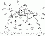 coloring picture of kid and pile of leaves