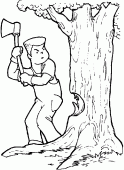 coloring picture of a lumberjack cuts down a tree with an ax