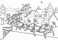 coloring picture of Sata Claus with his sled lands on a roof