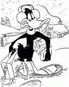 coloring picture of Daffy visits a village under snow