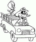coloring picture of Daffy with Tweety bird in a car