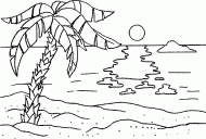 coloring picture of a sunset seen since a beach of an island