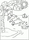 coloring picture of two dolphins and a boat off deserted island