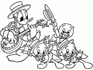 coloring picture of Donald plays guitar while his nephews are dancing