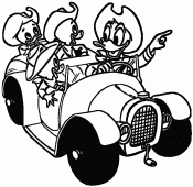 coloring picture of Donald with his nephews in a car