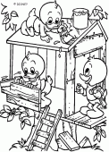 coloring picture of Huey Dewey Louie build a hut with planks of wood