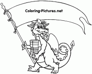coloring picture of a dragon with books and a large flag of the website