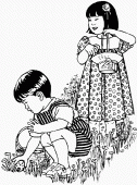 coloring picture of two children are collecting Easter chocolates