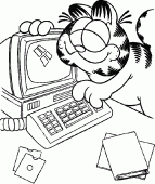 coloring picture of Garfield uses a computer