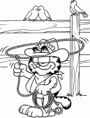coloring picture of cowboy Garfield with a lasso