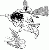 coloring picture of Harry plays Quidditch with his besom broom