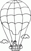 coloring picture of a montgolfier with a boy and two clouds