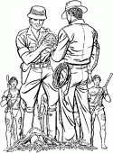 coloring picture of Indiana Jones with some natives