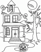 coloring picture of manor haunted with ghosts bat moon and pumpkin