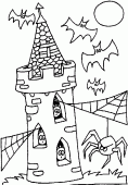 coloring picture of tower hanuted by bats and ghosts with spider