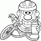 coloring picture of Mr Potato with a bike