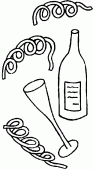 coloring picture of party favors with a bottle of wine to celebrate