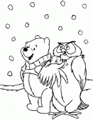 coloring picture of Winnie the Pooh and Owl by snowy weather