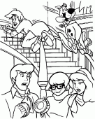coloring picture of Team of Mystery Machine in a staircase