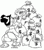coloring picture of Scrooge McDuck with a lot of dollar s bag