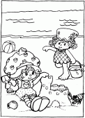 coloring picture of Strawberry Shortcake builds a sandcastle