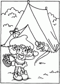 coloring picture of Strawberry Shortcake with her tent camping