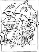 coloring picture of Strawberry Shortcakes under a beach parasol