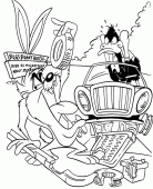 coloring picture of Daffy Duck his car and Taz