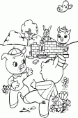 coloring picture of 2 pigs are playing while the third is working