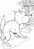 coloring picture of The wolf blows on the house out of wooden