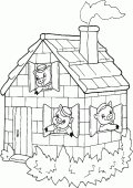 coloring picture of Three pigs inside a house of bricks