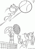 coloring picture of Tweety Pie plays tennis with Bugs Bunny