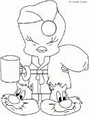 coloring picture of Tweety in pajamas