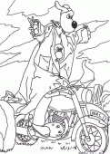 coloring picture of Feather McGraw and Gromit on a motorcycle