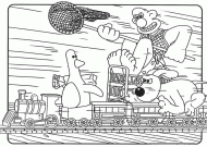 coloring picture of Wallace and Gromit on a little train