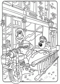 coloring picture of Wallace and Gromit on a side car