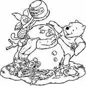 coloring picture of Piglet and Winnie make a snowman