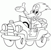 coloring picture of Woody Woodpecker in a car