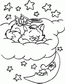 coloring picture of a cat angel in the sky with stars and the moon