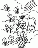 coloring picture of an angel picks flowers in the sky