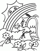 coloring picture of angel looks at the sun hidden by a rainbow