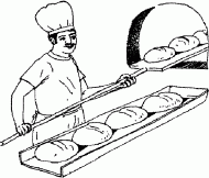 coloring picture of A traditional baker removes fresh bread from the oven with a long wooden peel