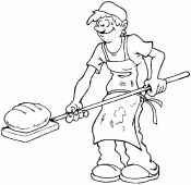 coloring picture of baker ready to put bread in the oven